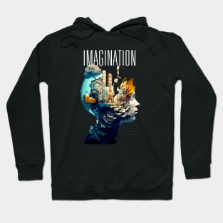 Imagination: Where Wonders Are Born -- A digital illustration of a young person's mind and imagining thru the wonderment of their imagination with the word "Imagine" above on a Dark Background Hoodie